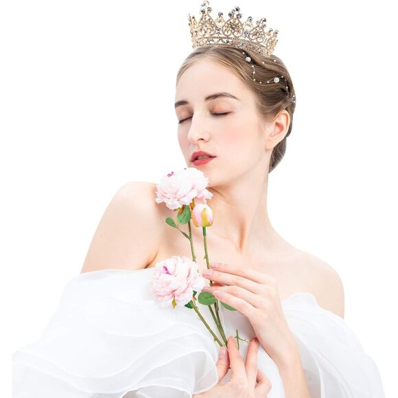 Women's Gold Full Round Diamond Crystal Bridal Wedding Crowns Tiaras Headband - Picture 4 of 4